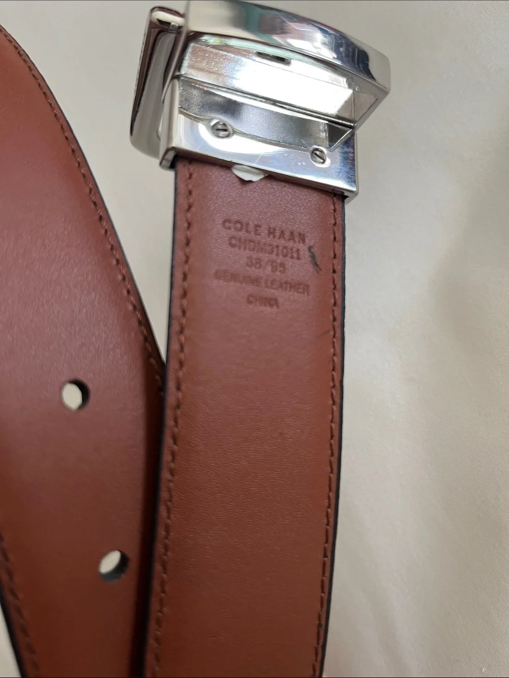 Cole Haan NWOT reversible leather belt black brown silver engraved buckle 38
